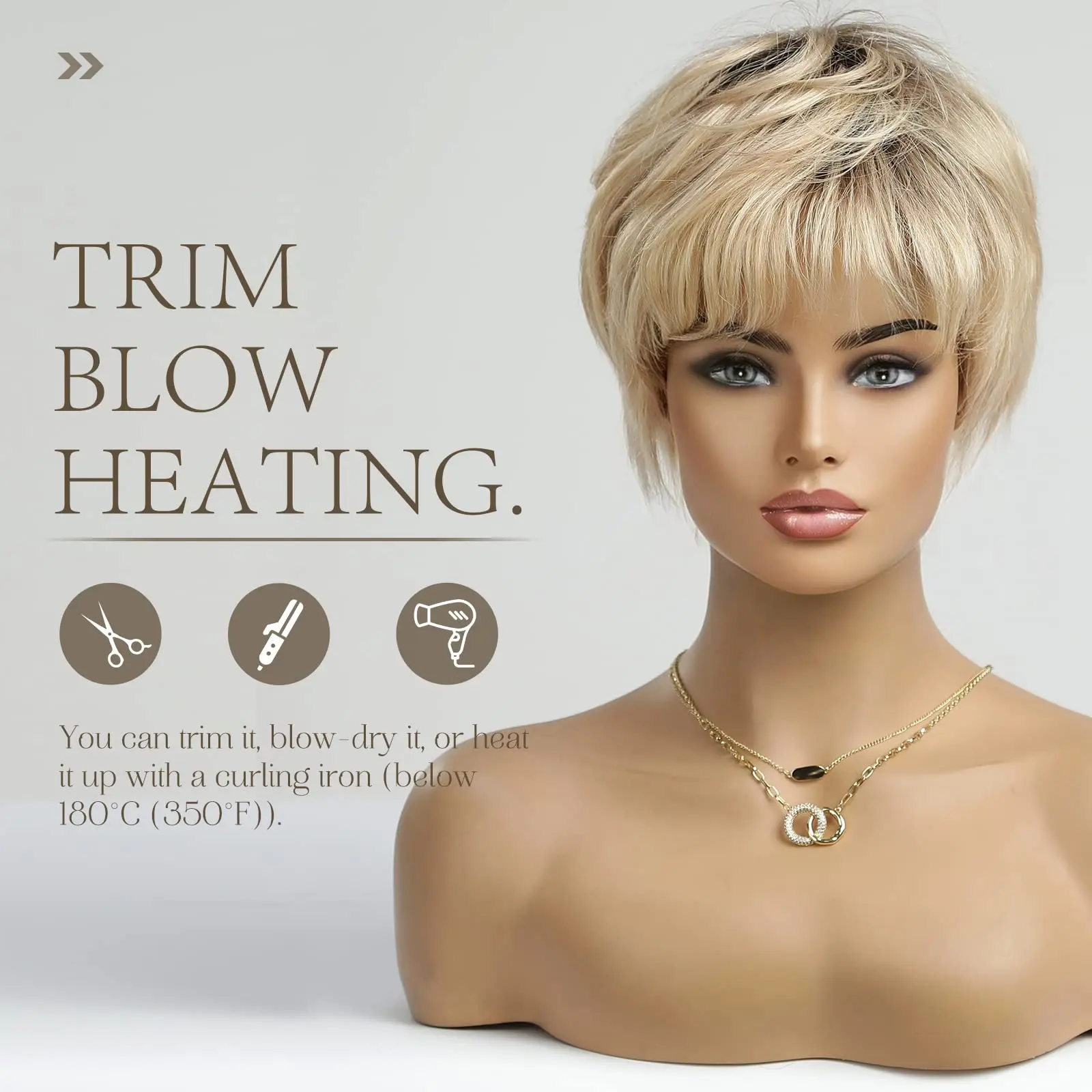 100% Remy Human Hair Wigs Ombre Blonde Short Bob Pixie Cut Machine Made Wig with Bangs Human Hair Natural Layered Wigs for Women