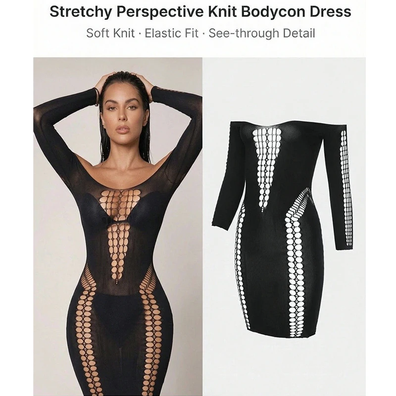 Women Sheer Mesh Long Sleeve Beach Cover Up, Sexy See-Through Fishnet Dress, Solid Bodycon  For Summer Beach Party