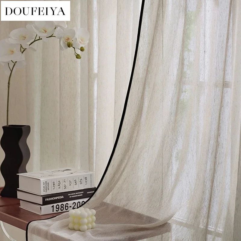 

Niche Luxury Cream Linen Gauze Curtains Antique Black Edges for Living Room Dining Elegant Decor Custom Double-layer Gauze