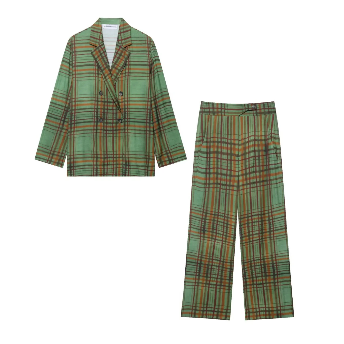 2025 Autunno delle nuove donne verdi moda casual semplice plaid colletto del vestito a maniche lunghe giacca + pantaloni a gamba larga Set