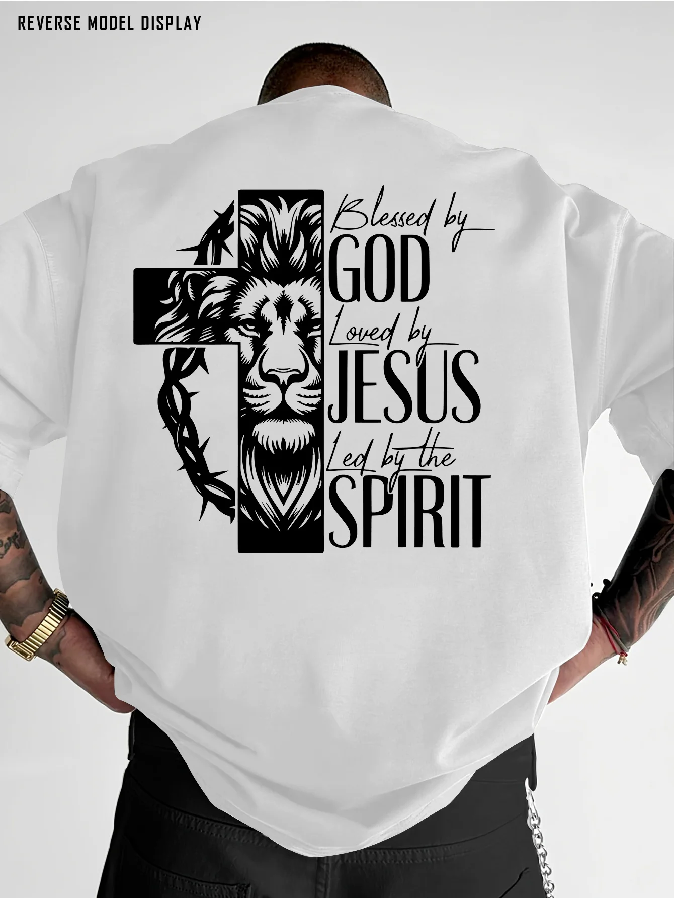 Family Matching T‑Shirt Black Lion Cross Thorn Wreath Graphic Back Print Mixed Script Bold Letter Streetwear Sleeve Tee Tops