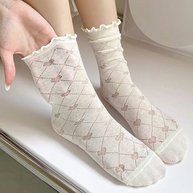 Kaus kaki rumbai renda putih untuk wanita, kaus kaki tabung tengah Harajuku motif dasi kupu-kupu jaring gaya jalanan, kaus kaki Sox tipis Lolita manis