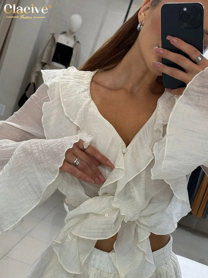 Clacive Fashion Luźne Białe Spódnice Zestawy Dla Kobiet 2-częściowy Elegancki Długi Rękaw Falbana Crop Top Z Wysoką Talią Mini Spódniczki Zestaw