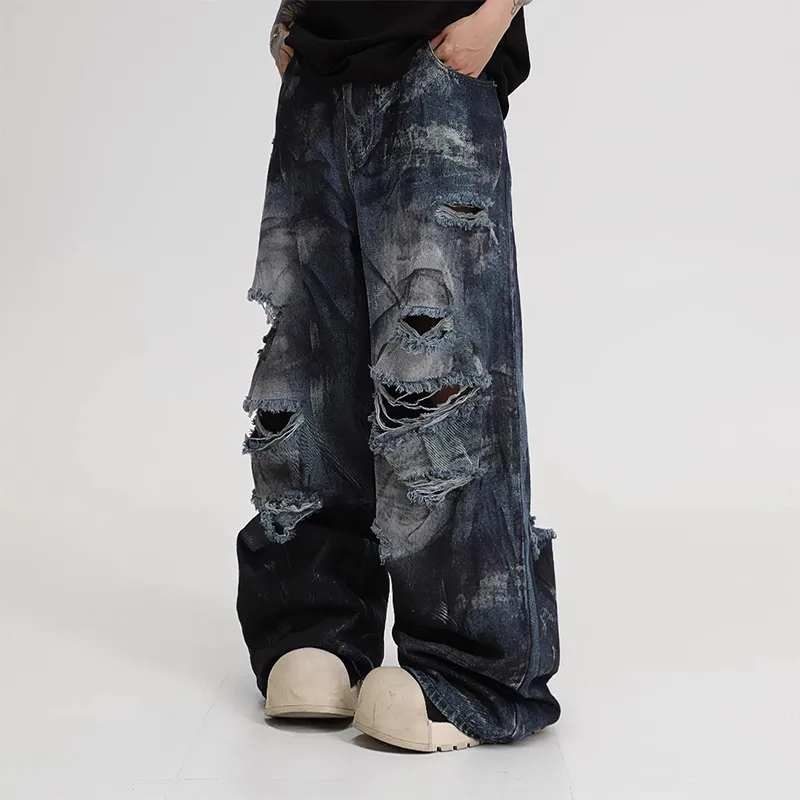 Calça Jeans American High Street com Efeito Rasgado e Tinta Spray, Estilo Unissex, Verão 2025, Nova, Perna Larga, Hiphop, Resistente a Rasgos e Desgas