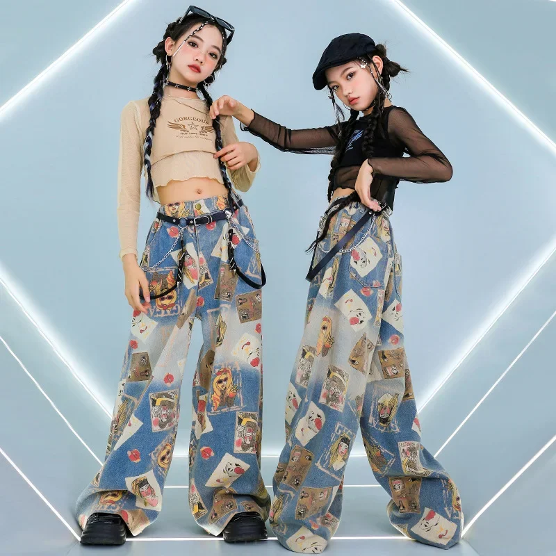 Jeans chauds pour filles, Streetwear, Costume de Jazz pour enfants, ensembles de vêtements de spectacle sur scène, Hip Hop, haut court en maille, pantalon en Denim de danse de rue