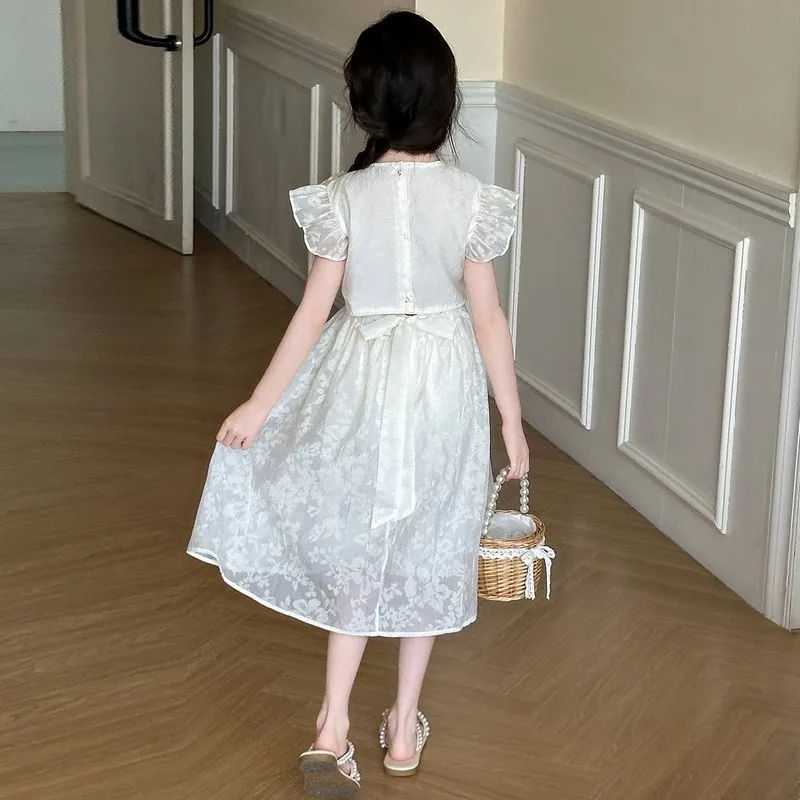 Summer junior girls Hollow Back Dress 120-170 white Lotus leaf sleeve Princess Dresses Sweet Flower teen kids clothes 10 12 14