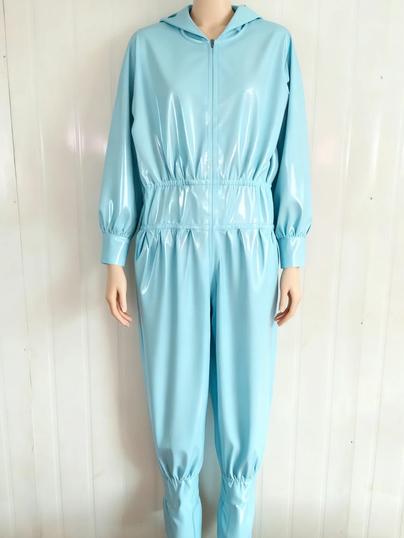 

Handmade Latex Rubber Gummi Catsuit Suit Hooded uniform Cosplay Purely Coat Party Suit Feet