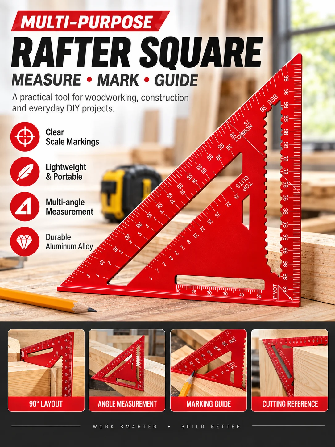 Präzisions-Aluminium-Quadrat, rotes Dreieck-Holzbearbeitungslineal, Messwerkzeug für die Holzbearbeitung und zum Anzeichnen von Linien für Heimwerkerprojekte und zur Dekoration. – Detail 1