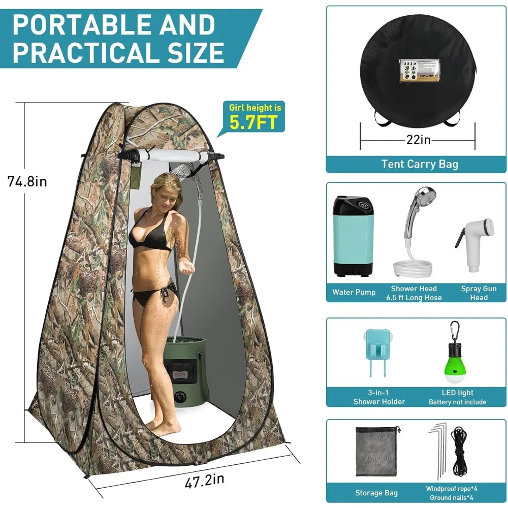 خيمة دش محمولة للتخييم مع أضواء LED، ومضخة قابلة لإعادة الشحن، ورأس دش مفلتر