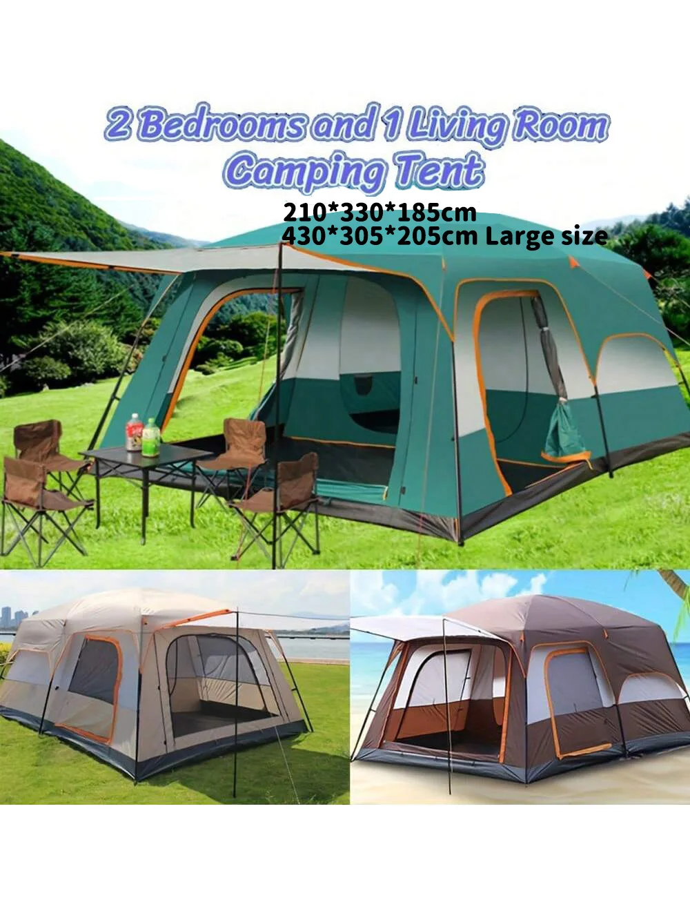 

Outdoor tent, two rooms and one living room, for 8-12 people, sunproof and rainproof, with vestibule, large camp