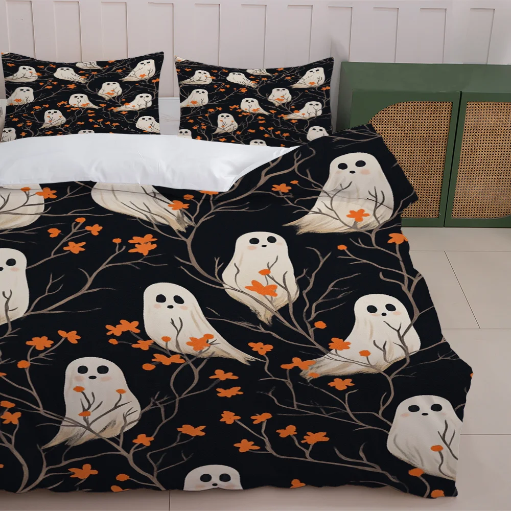 Soft Duvet Cover Set of Three, 1 Duvet Cover + 2 Pillowcases (Without Filling) 2D Flat Printed Duvet Cover Set of Three, Halloween Printed Duvet Cover Set for Decoration, Suitable for All Seasons, Machine Washable, Invisible Zipper, Large Duvet Cover Set, Bedding Set Quilt Cover