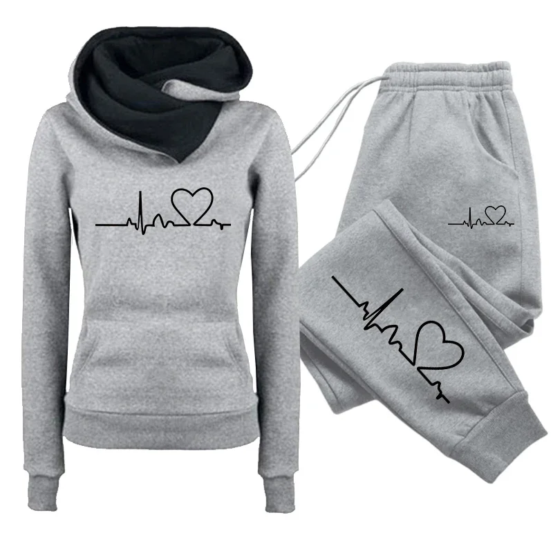 Autumn Winter Female Daily Casual Sports Outfit Women's Set/Hoodie/Pants 2026 Heart Print Tracksuit Hooded Sweatshirt Sweatpants