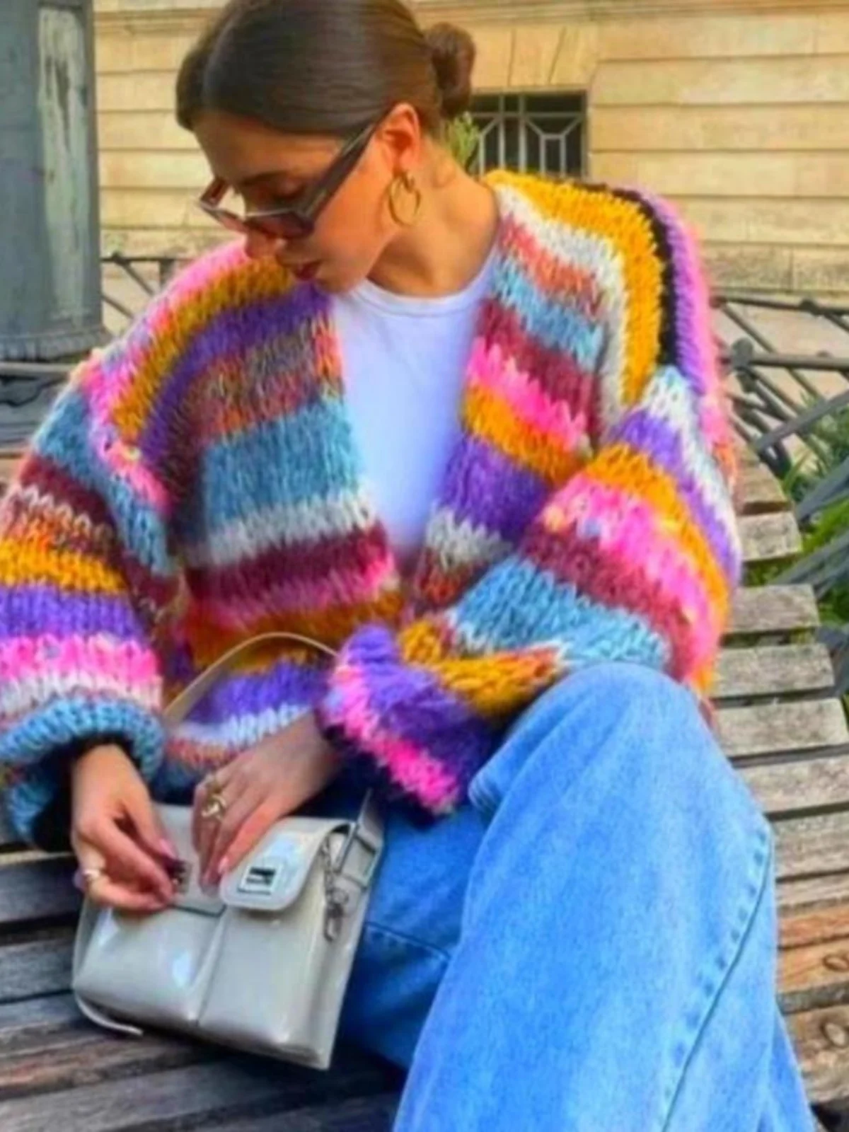 

Женский уличный вязаный свитер в радужную полоску, осень-зима, теплый длинный вязаный кардиган V-Ne стандартного кроя