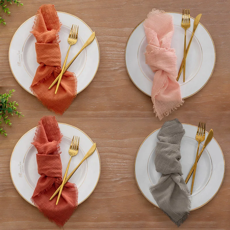 Cotton Polyester Frayed Edged Fold Napkin Handmade Two-Layer Cloth Serviette With Tassel Dinner Table Gauze Napkin Tea Towel