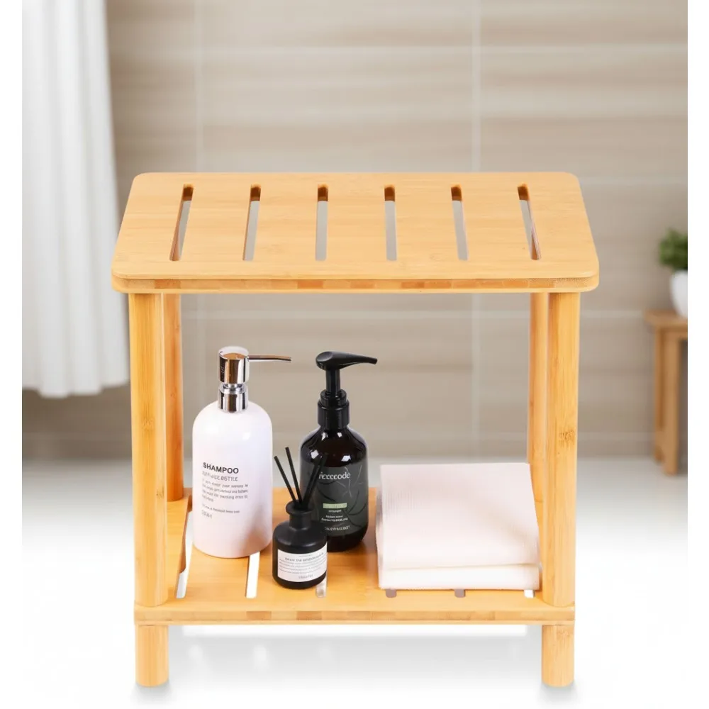 

Waterproof Bamboo Shower Bench with Storage Shelf, Anti-Slip Bath Seat for Elderly & Adults, Indoor Outdoor Spa Stool