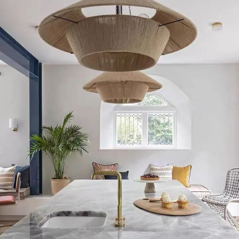 일본 와비풍 삼베 로프 라탄 샹들리에 창의적인 예술 라탄 식탁 램프 심플 레트로 홈스테이 거실 램프