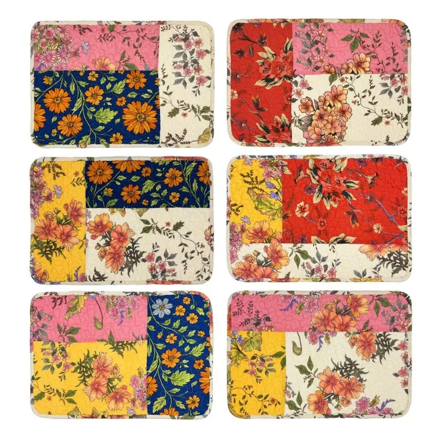 Juego de 6 Manteles Individuales Acolchados Florales de 13x19, Manteles de Mesa de Algodón Reversibles, Decoración de Mesa Estilo Rústico Vintage, Patchwork Floral Original