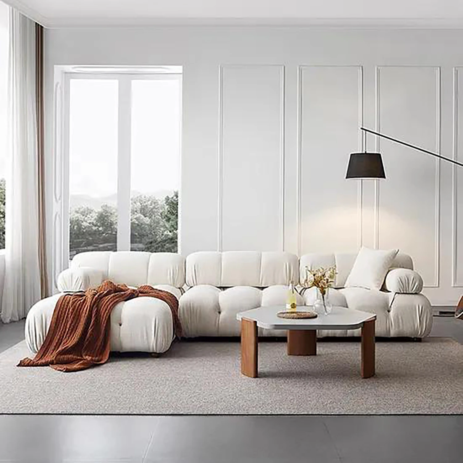 イタリアのミニマリスト家具、DIYリビングスペース用モジュール式セクショナルソファ、真空圧縮セクショナルカウチ、オットマンセット付き