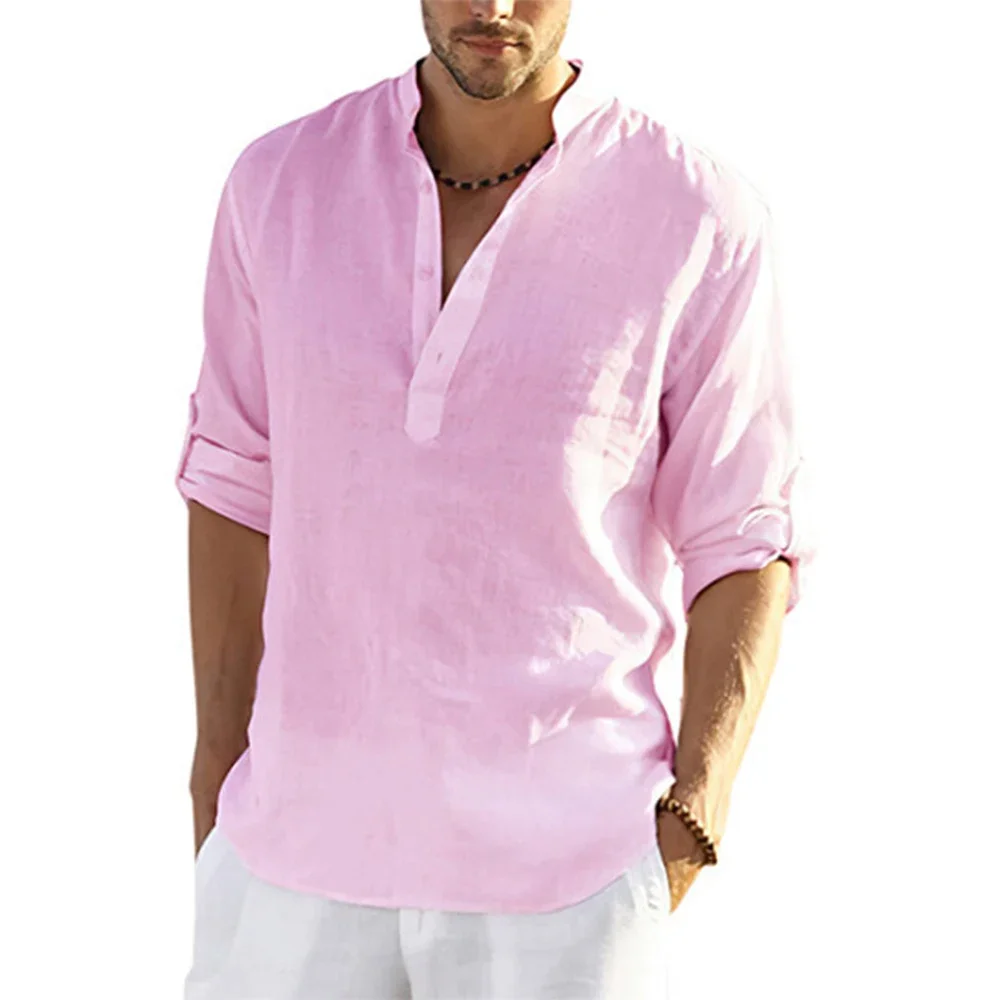 Cotton Linen Hot Sale Men Short-Sleeved Shirts Summer Solid Color Stand-Up Collar Casual Beach Style Plus Size