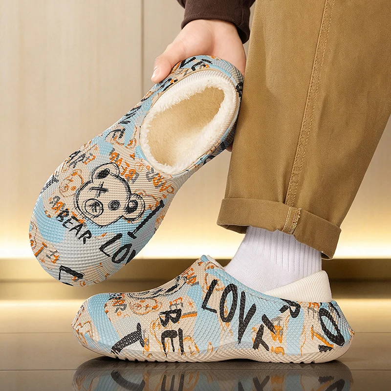 Mens Winter Warm Clogs Slippers EVA Fleece Lined Non-Slip Thick Sole Closed Toe Cartoon Graffiti Print Casual Indoor House Shoes