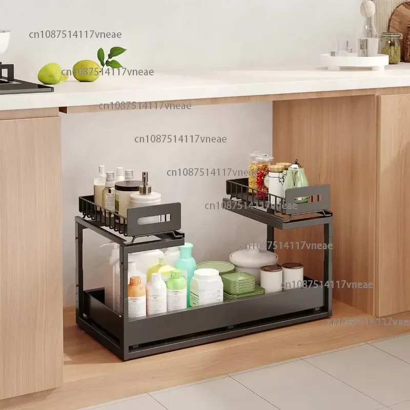 Double Eco-Friendly Modern Kitchen Scalable Pull Sink Organizer Metal Sliding Shelf Adjustable Drawer Storage Basket Cabinet