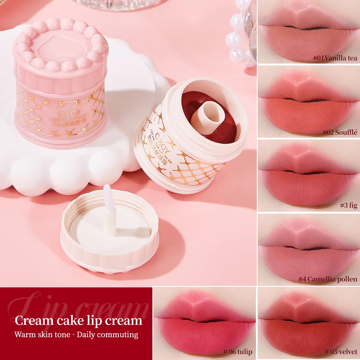 QXQY 6-Farben-Creme-Cake-Lipgloss – mattierter Samt-Lippenstift – Somooth-Textur und langanhaltendes Make-up, einfach aufzutragender Lippenschlamm in der Farbe