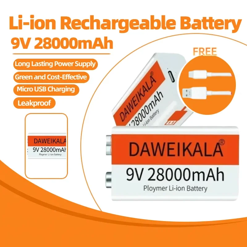 top9V 28000mAh Rechargeable Li-ion Battery with Micro USB for Multimeter Microphone Toy Remote Control Pedal Smoke Detector