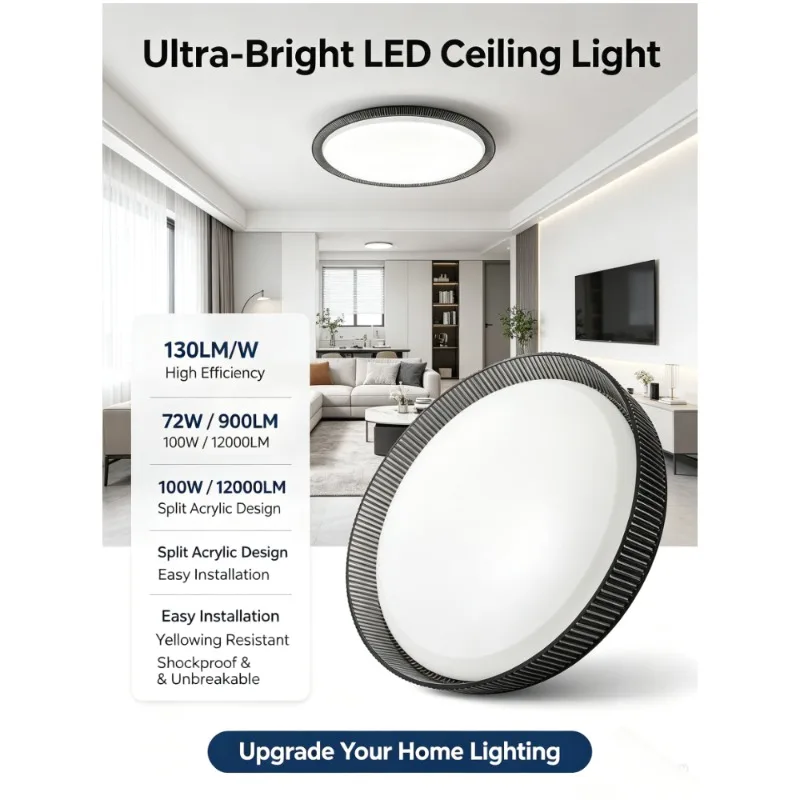 Modern Led Ceiling Light Round Fixture With Ribbed Metal Frame And Dimmable Function For Bedroom Living Room Ambient Home
