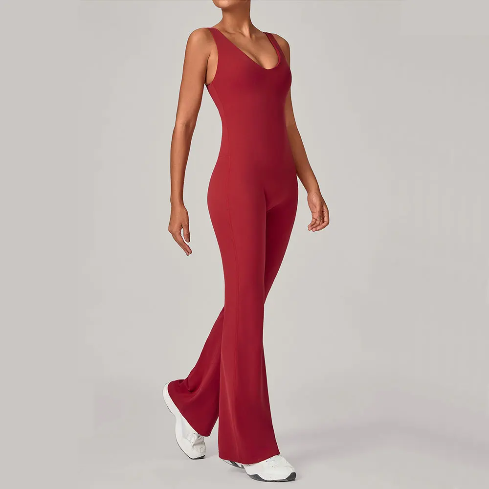 Yoga Jumpsuit Back V-shaped Integrated Wide Leg Running Leggings Weightlifting Push Ups Outdoor Sports Running Women's Bodysuit