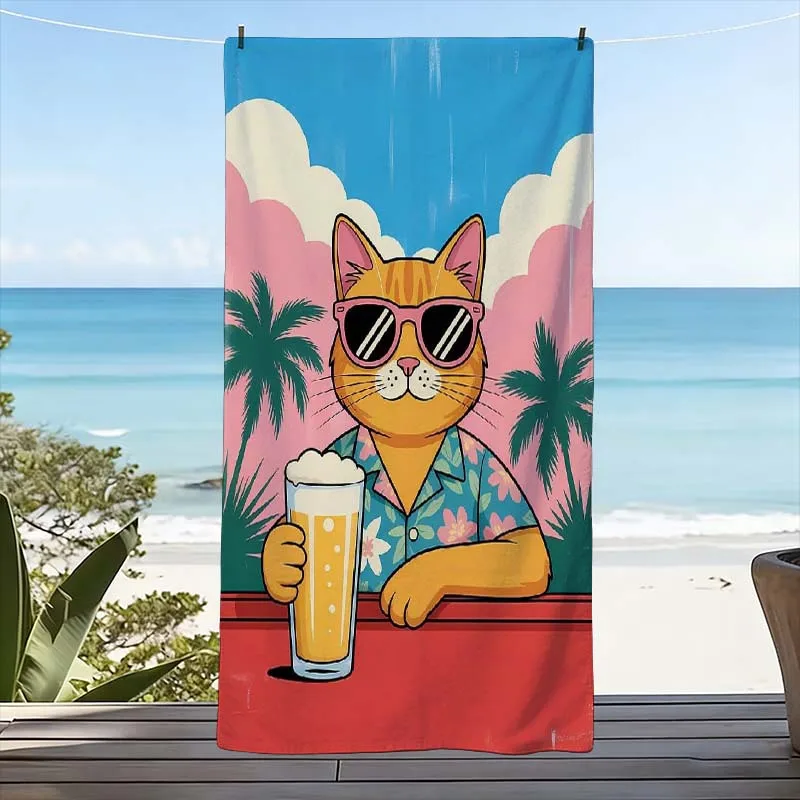 Large Tropical Cat Beach Towel Summer Pool Beach Resort Gift Cute Hawaiian Print 80x160cm Vacation Decor