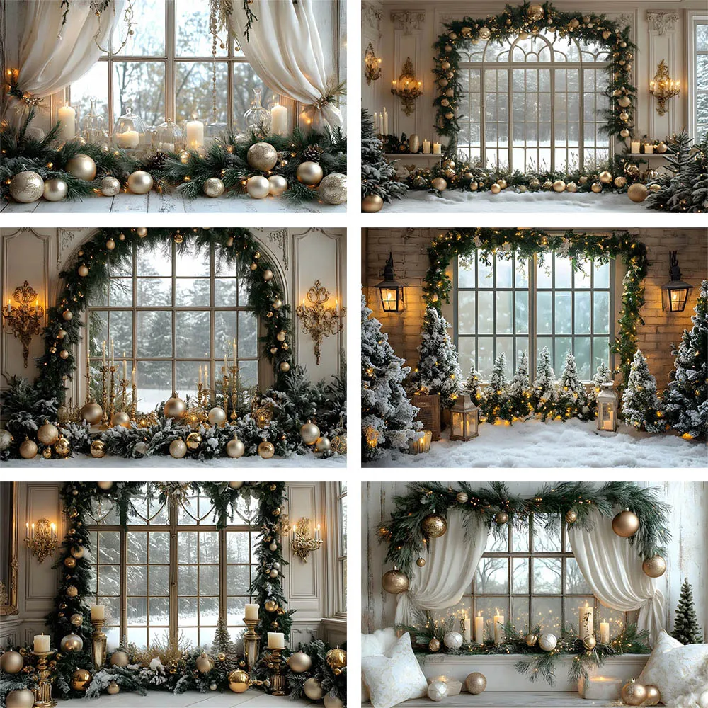 

Mehofond Christmas Window Brick Room Photography Background Family Kids Portrait Wreath Elegant Curtains Snowy Forest Backdrops