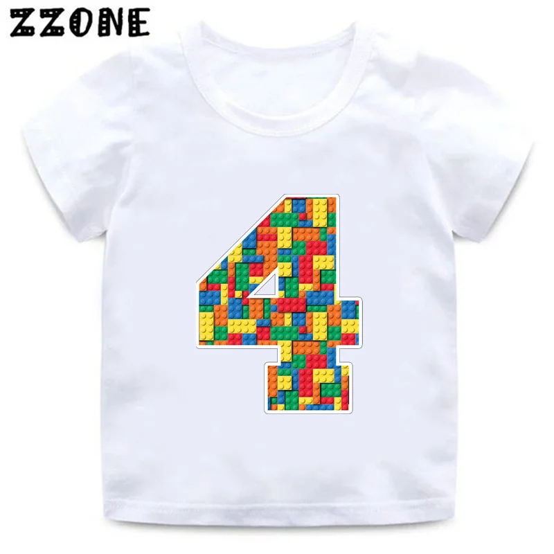 Building Blocks Bricks Number Bow Print Cartoon Boys Clothes 1 2 3 4 5 6 7 8 9 Years Birthday Kids T shirt Baby Girls T-Shirts