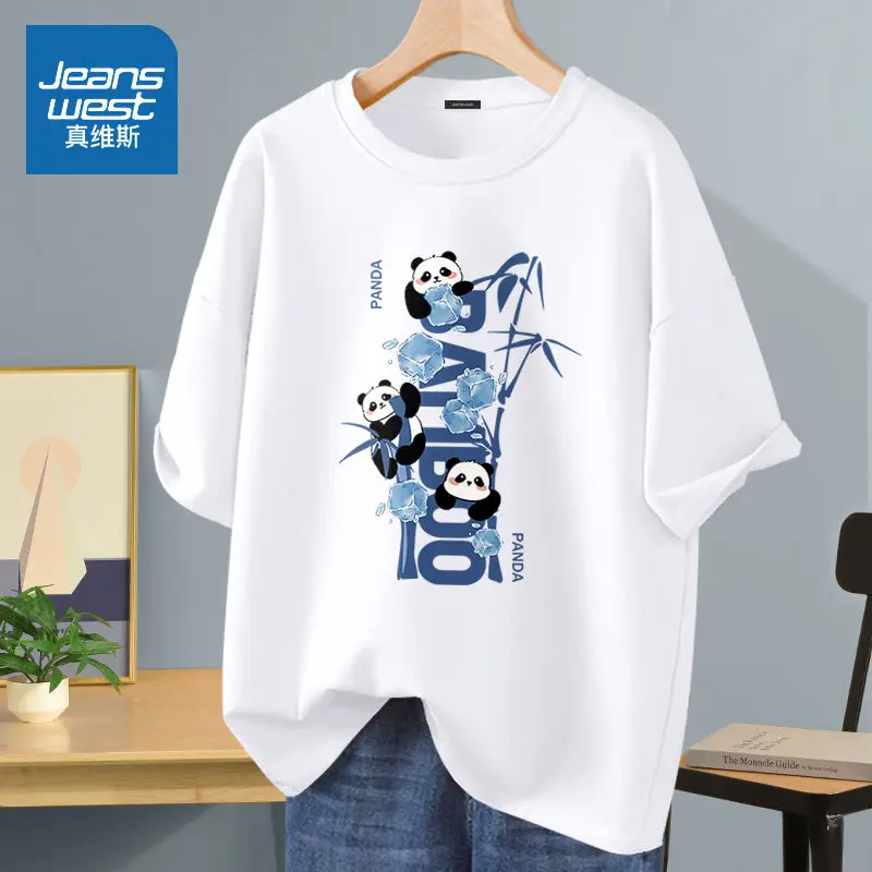 T-shirt estampada do panda dos desenhos animados das mulheres, algodão puro, o-pescoço, manga curta, pulôveres soltos, tops casuais, verão, chique, básico, S-5XL