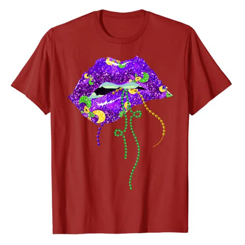 Mardi Gras Lips Queen Carnival Costume Purple & Gold Funny T-Shirt Graphic Tees Women Tops Cotton Short Sleeve Blouses