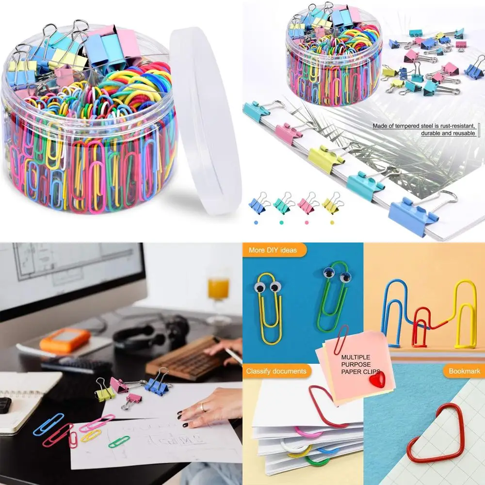 

Paper Clips, 300pcs Paperclips Binder Clips Assorted Sizes (S/M/L) and Rubber Bands, Colored Office Supplies Set College School