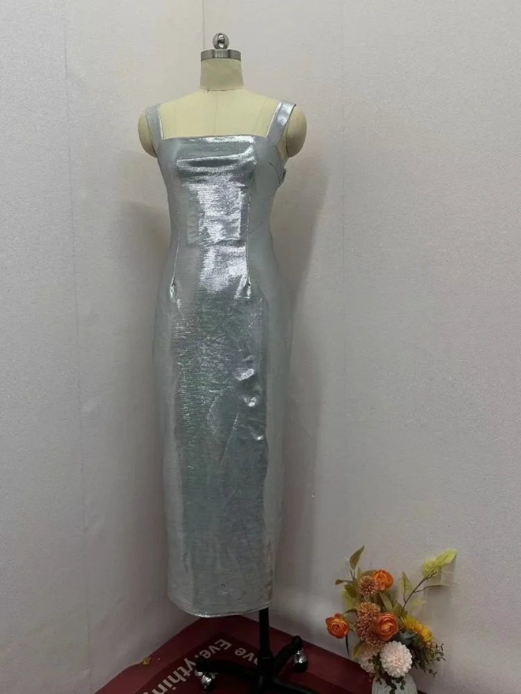 Sukienka cekinowa bodycon na ramiączkach z dekoltem U, bez pleców, bez rękawów, z rozcięciem, błyszcząca sukienka damska na lato 2025, wieczorowa sukienka damska Vestido