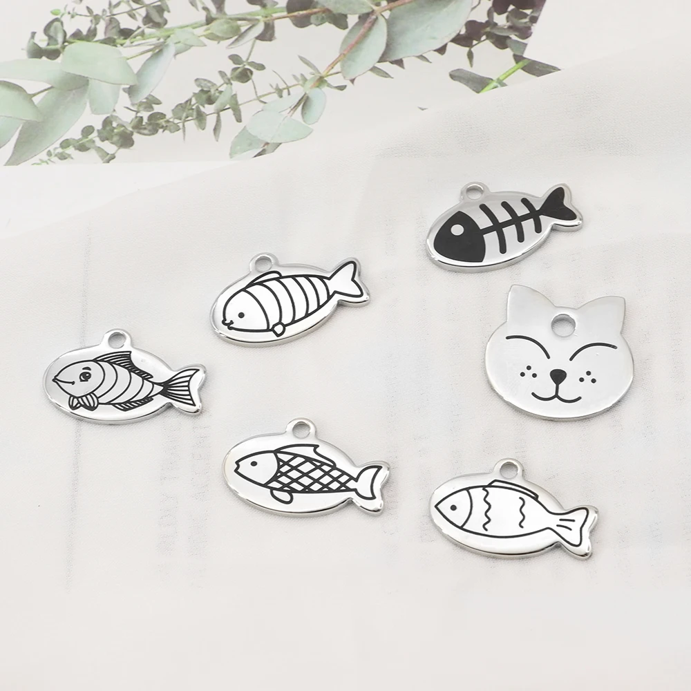 Cute Cat Tag Small Dog ID Tags Free Engraved Name Cats Kitten Name Tag Anti-lost Pet Collar Pendant Fish Shape&Cat Face Tags