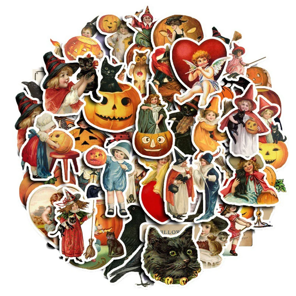 10/30/50pcs Vintage Kawaii Witch Halloween Stickers Pumpkin Cartoon Sticker Window Luggage Bike Laptop Toys Decals Decorative