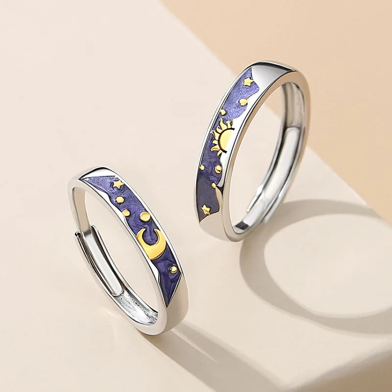 Lovely Van Gogh Starry Sky Couple Rings Personality Sun Moon Star Adjustable Open Rings Bestfriends Jewelry Valentine's Day Gift