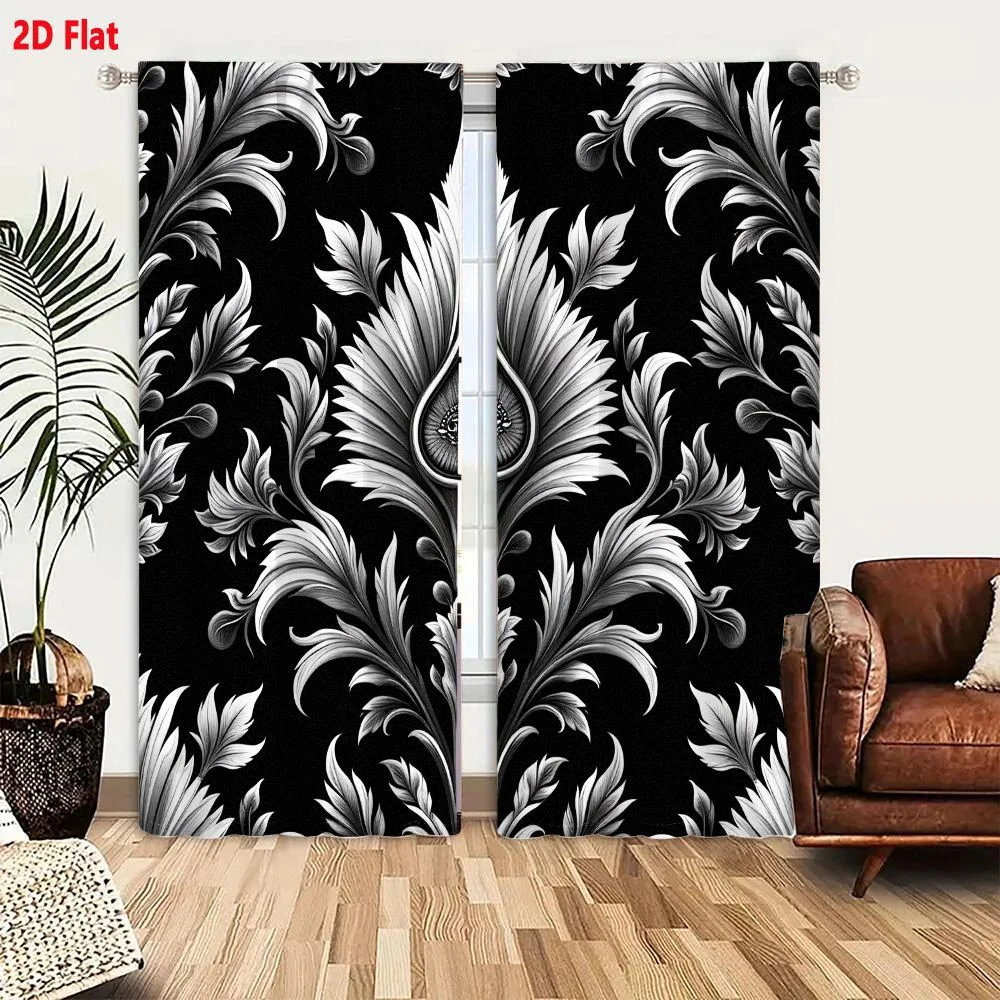 2Pcs Curtains 2D Flat Symmetrical Black And White Damask Pattern With Ornate Sword Motif And Swirling Floral Elements Window Dra