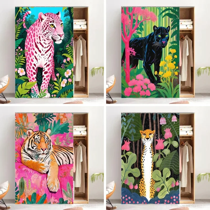 VIKAMA Pink Leopard Tiger Panther Jungle Wild Animal Floral Curtain Dustproof Cabinet Cover Wardrobe Shoe Rack Home Decor