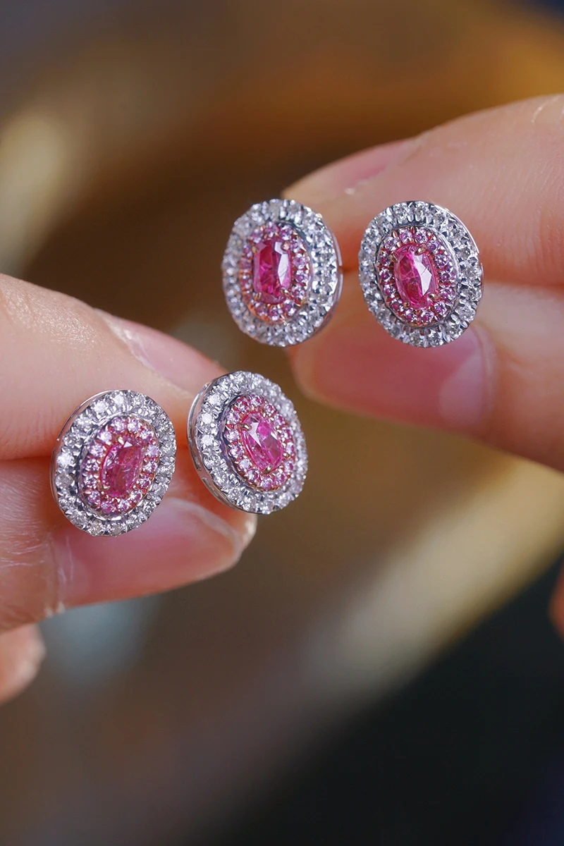 LUOWEND 100% 18K White Gold Earrings Romantic Oval Shape Real Natural Pink Diamond Stud Earrings for Women High Party Jewelry