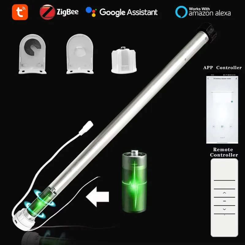 Tuya Wi-Fi Battery Smart Curtains Motor Roller Blinds 38mm Tube Blockout Solar Window Shades OLED Bar for Home Hotel Android