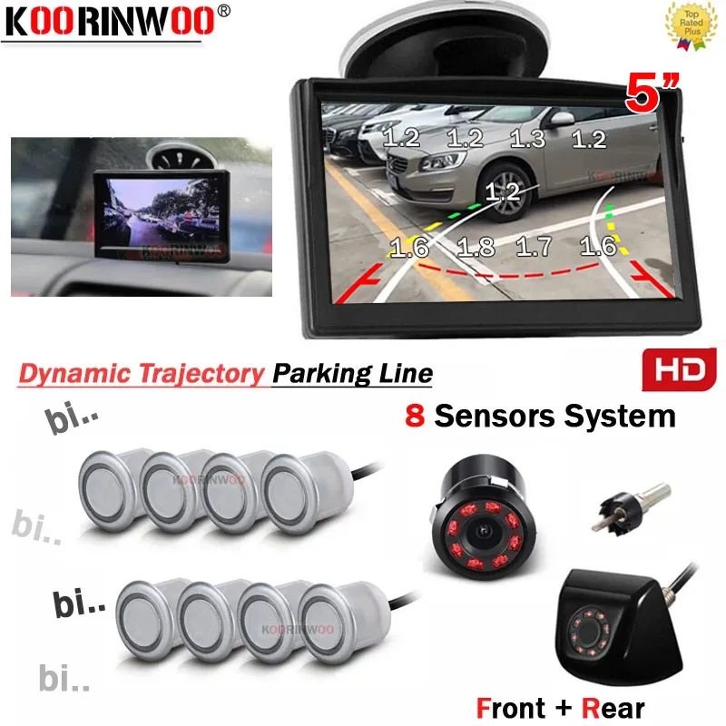 Koorinwoo Auto Parktronic Dynamic Trajectory Car Parking Sensors 8 Buzzer Car Detector Alert 4 Front Car Rearview camera Parking