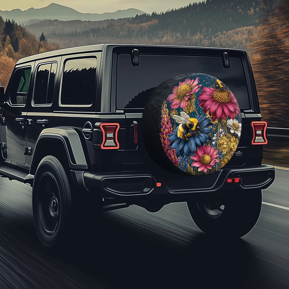 Vibrant Floral & Bees Tire Cover Protector - Realistic Nature Design Fit For SUVs, Minivans, Trucks - Durable Fabric Wheel Prote