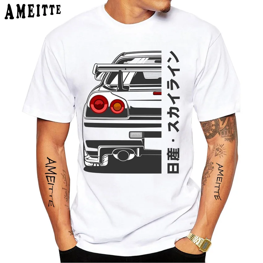 Skyline R34 GTR V Spec Half Front Illustration T-Shirt New Summer Men Short Sleeve Japan Classic Car Casual Boy Tees Tops