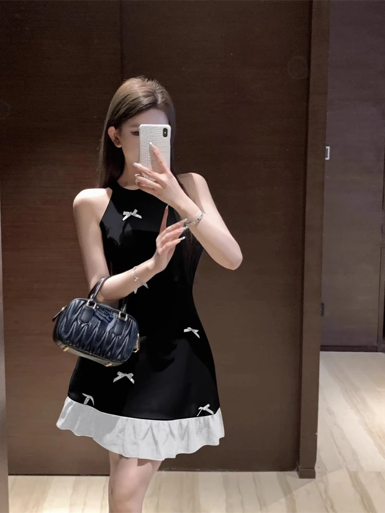 Ezgaga Vintage Dresses Women Bowknot Sleeveless Halter Ruffles Summer New Slim Elegant Mini Dress Party Chic Female Sweet