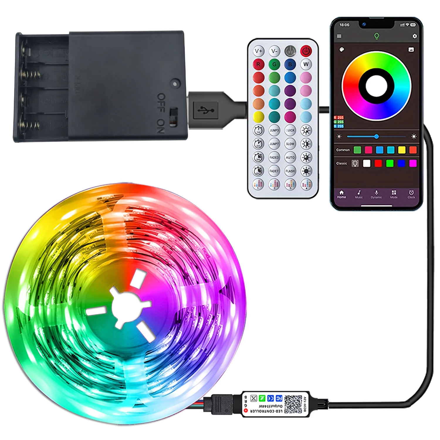 RGB LED-Lichtstreifen, Batteriebetriebenes LED-Band mit Musik-Sync-App-Fernbedienung, RGB LED-Lichtband für TV, Zimmer