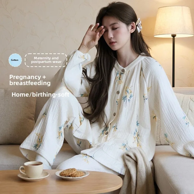 Warm 4-Layer Cotton Gauze Women’s Maternity Sleepwear, Convertible Nursing Top & Pants for Pregnancy & Postpartum, Soft Breathab