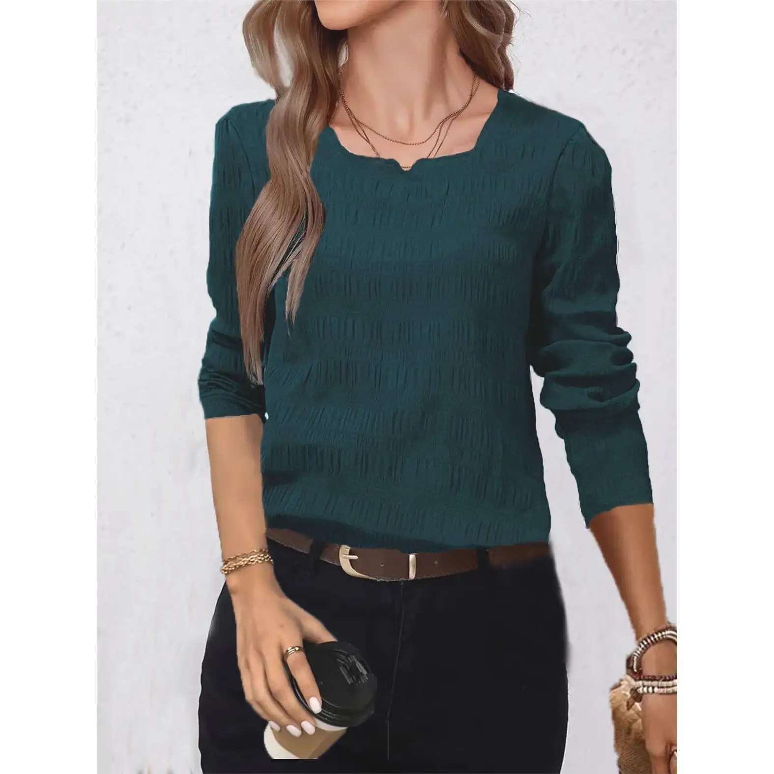

Elegant Long Sleeve V-Neck Pleated Shirt Women's Fashion 2024 Pure Color Independent Station Cross-Border Shirt for Middle-Ag...